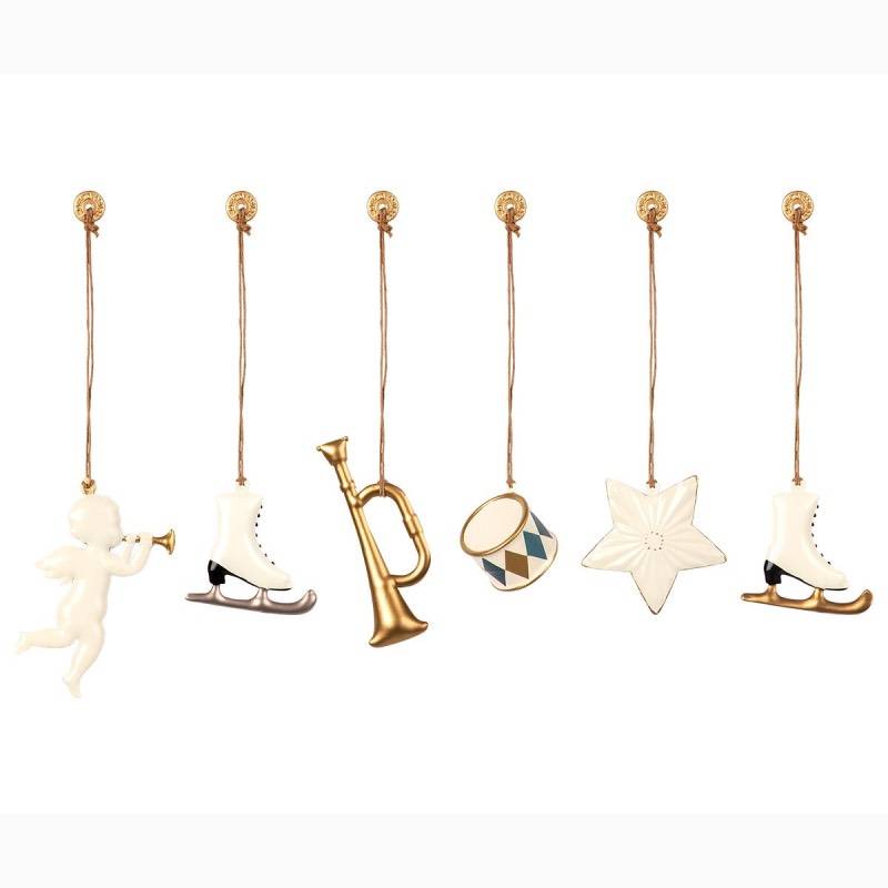 Box Of 6 Assorted White & Gold Metal Christmas Decorations